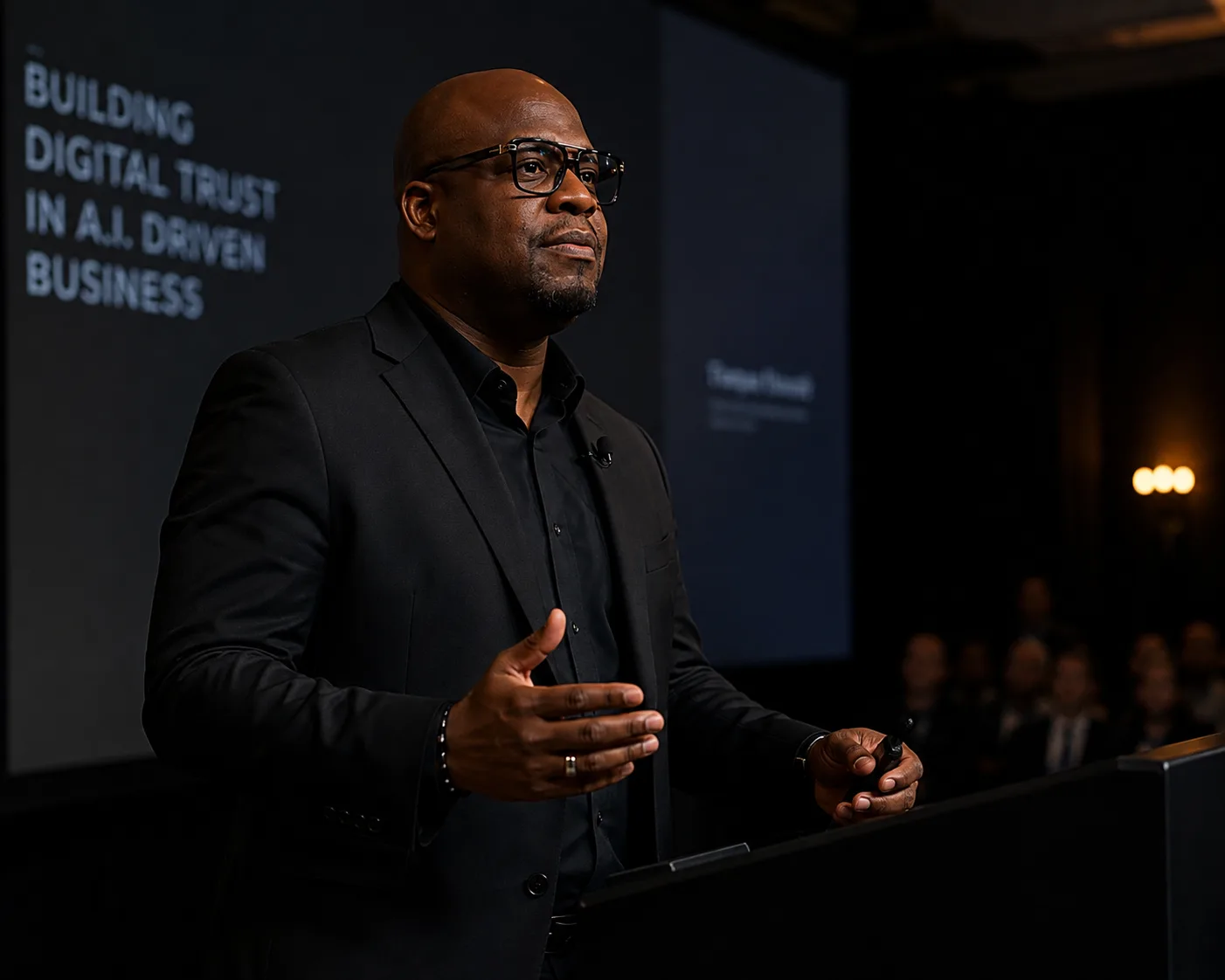 Stephan Tiller speaking at a podium about building digital trust in AI-driven business